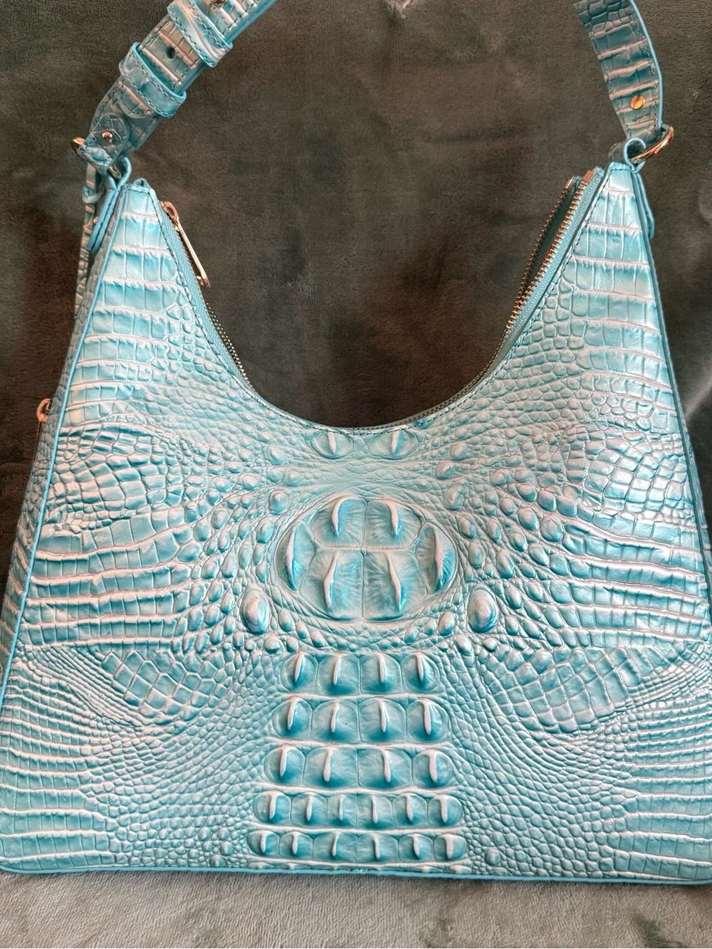 Brahmin Tabitha Melbourne Leather Shoulder Bag Aqua Blue Croc Embossed - Picture 5 of 7
